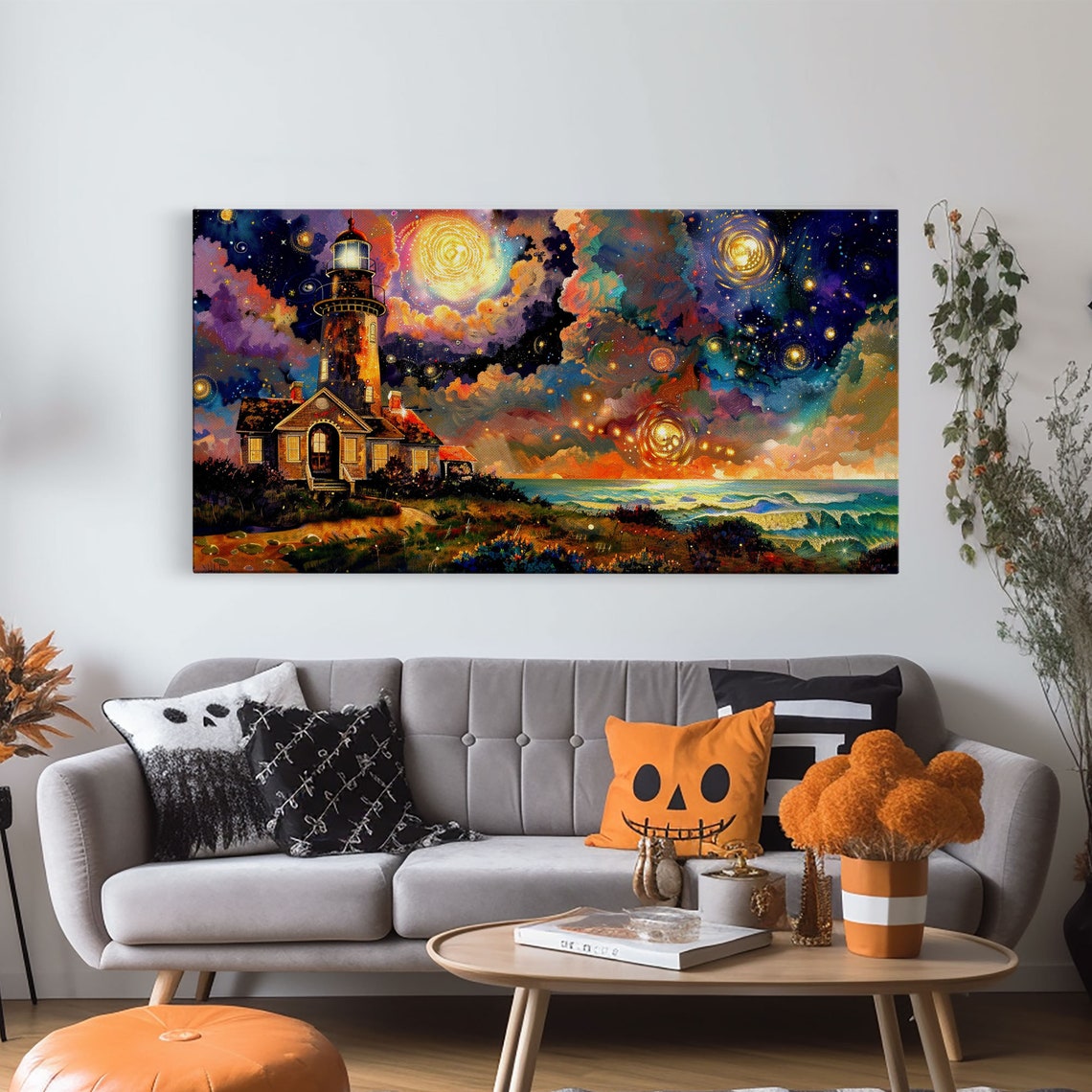 Colorful Lighthouse Under Starry Galaxy Sky Midcentury Style Art Print