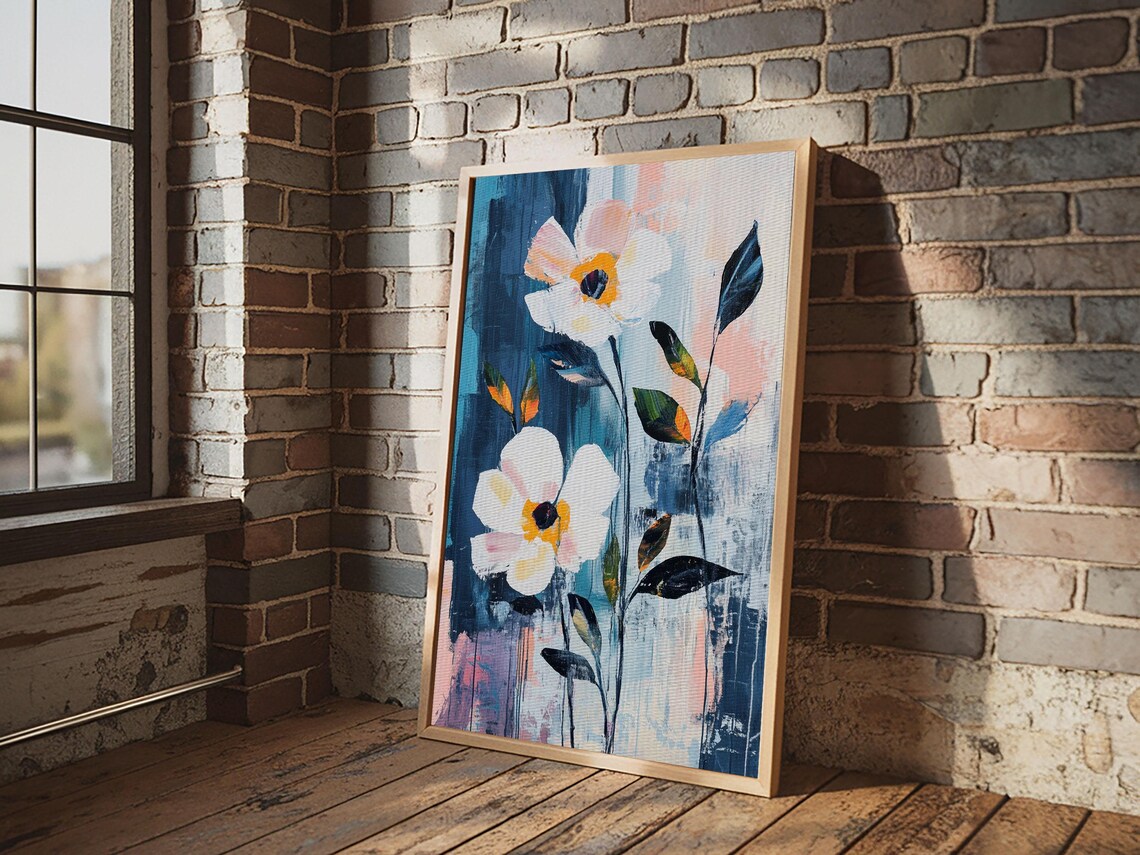 White Anemone Flowers Abstract Blue Oil Painting Floral Print - Image 5