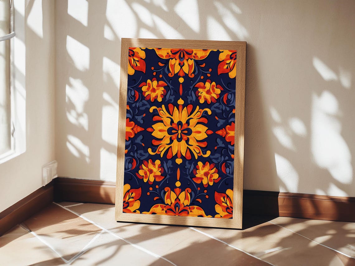 Mexican Talavera Tile Floral Pattern Bold Orange Navy Art Print - Image 5