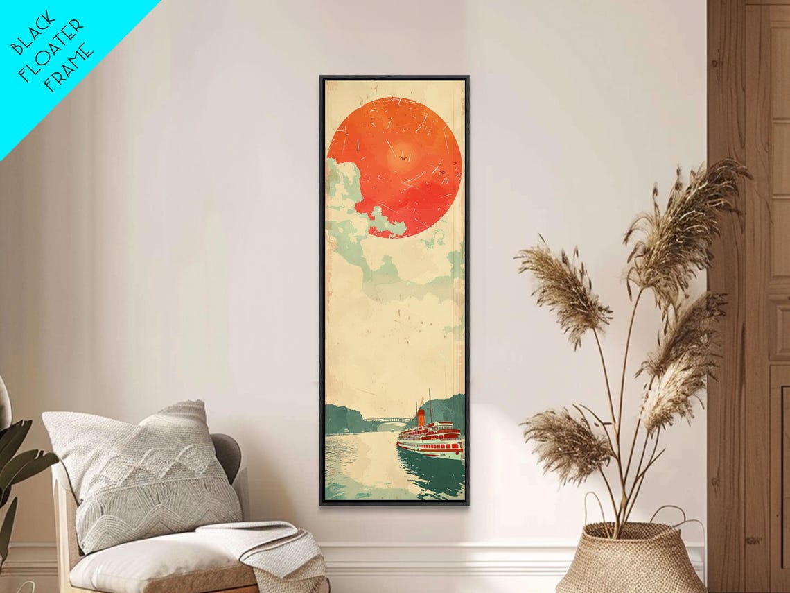 Large Red Sun Over River Japanese Art Inspired By Ukiyo E Framed Print For Tall Skinny Wall Spaces - Image 6