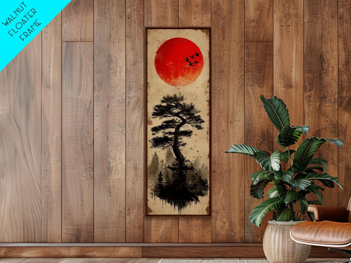 Bold Red Sun Pine Tree Framed Print Japanese Inspired Minimalist Wall Art Rustic Zen Decor Unique Vertical Nature Artwork - Image 3