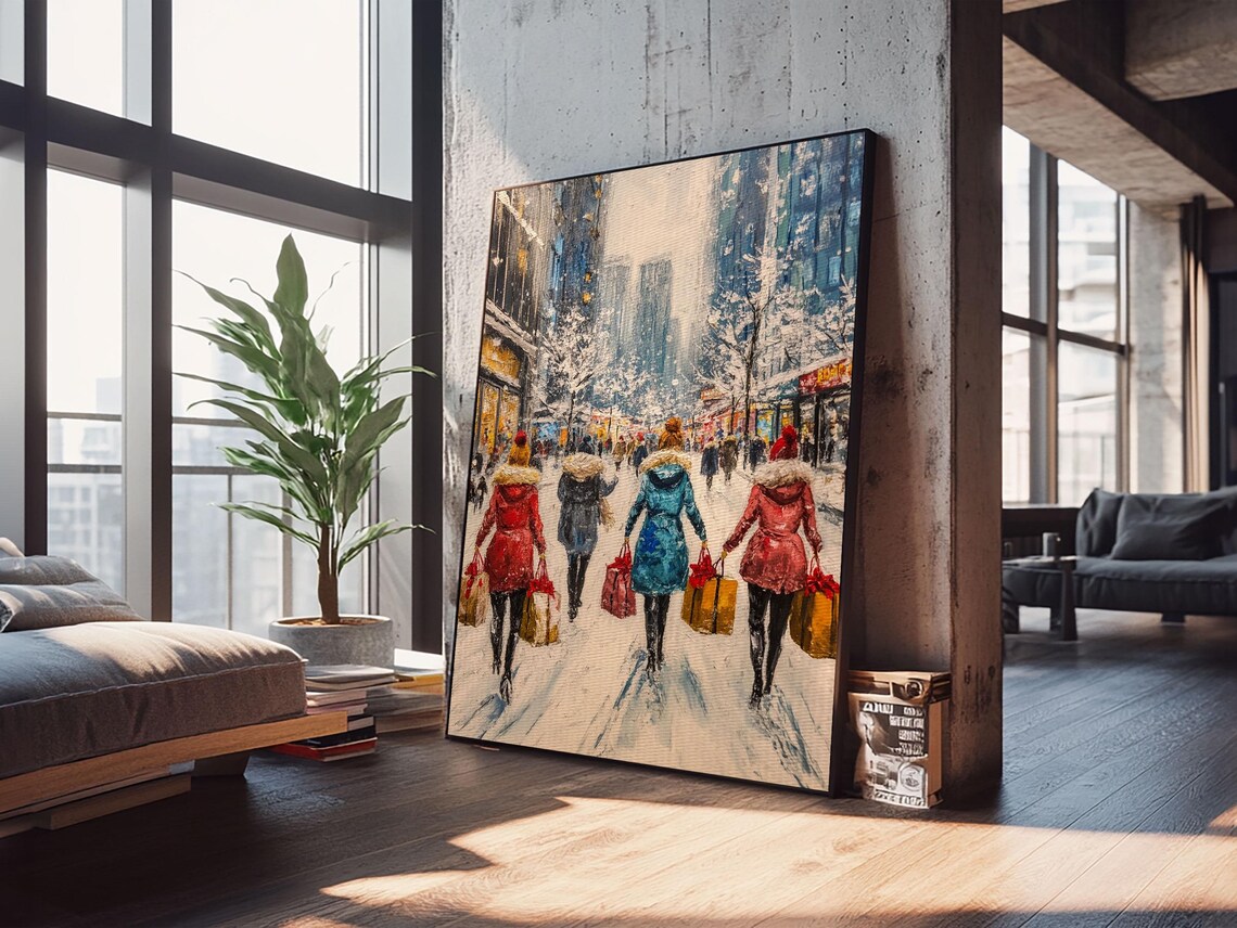 Vintage Christmas Town Street With Holiday Shoppers Snow Scene Art - Image 2