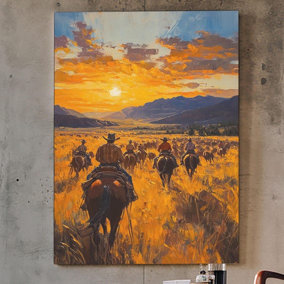 Cowboy Riders At Dusk Framed Print Warm Sunset Western Scene With Riders On The Plains Fall Decor Ranch Homes And Country Wall Art