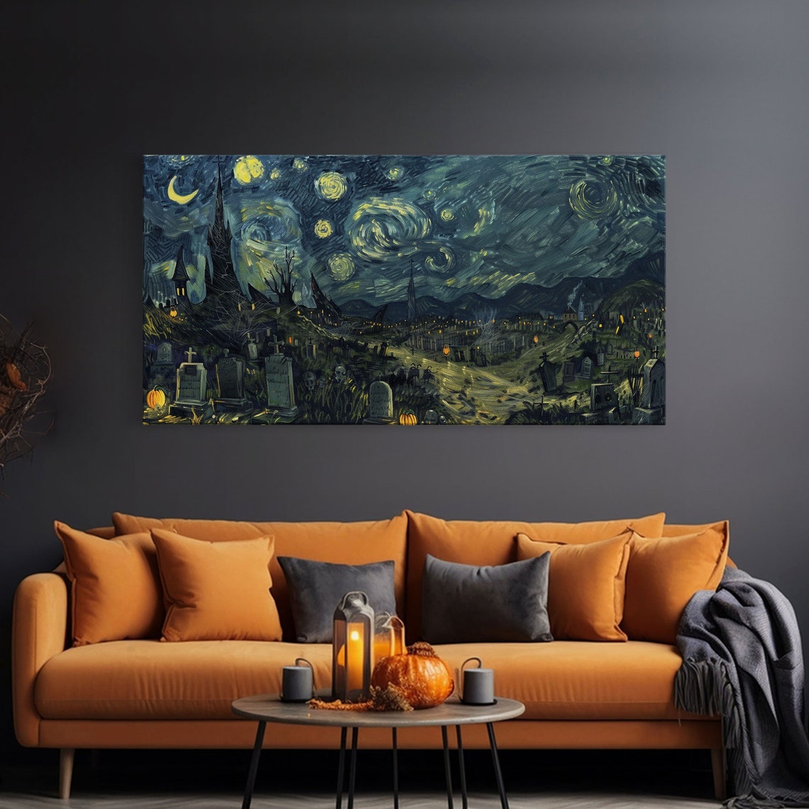 Starry Night Inspired Haunted Cemetery Framed Print Halloween Wall Decor Art Prints Creepy Art - Image 3