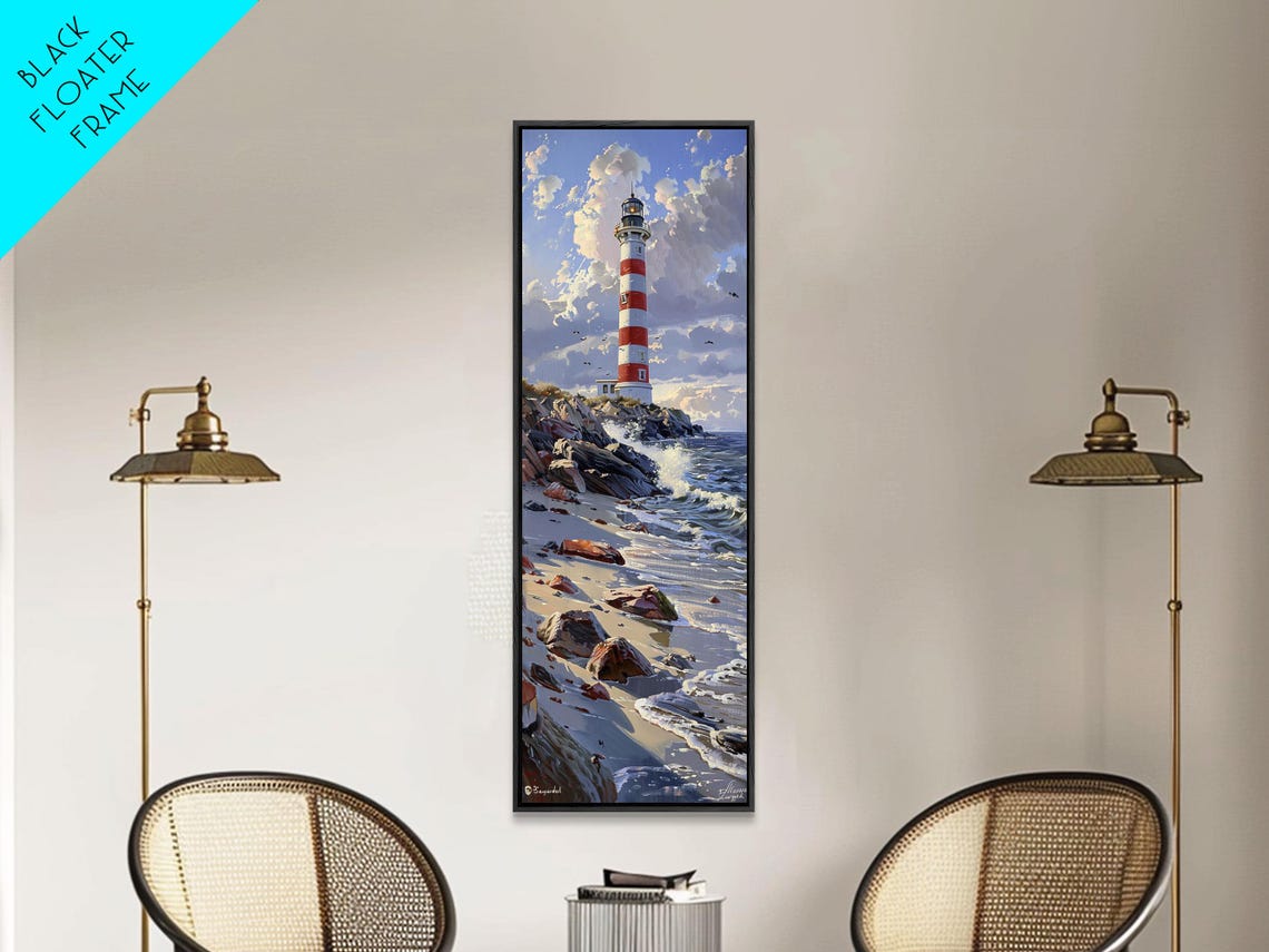 Red White Striped Lighthouse Rocky Shore Waves Blue Sky Poster - Image 2