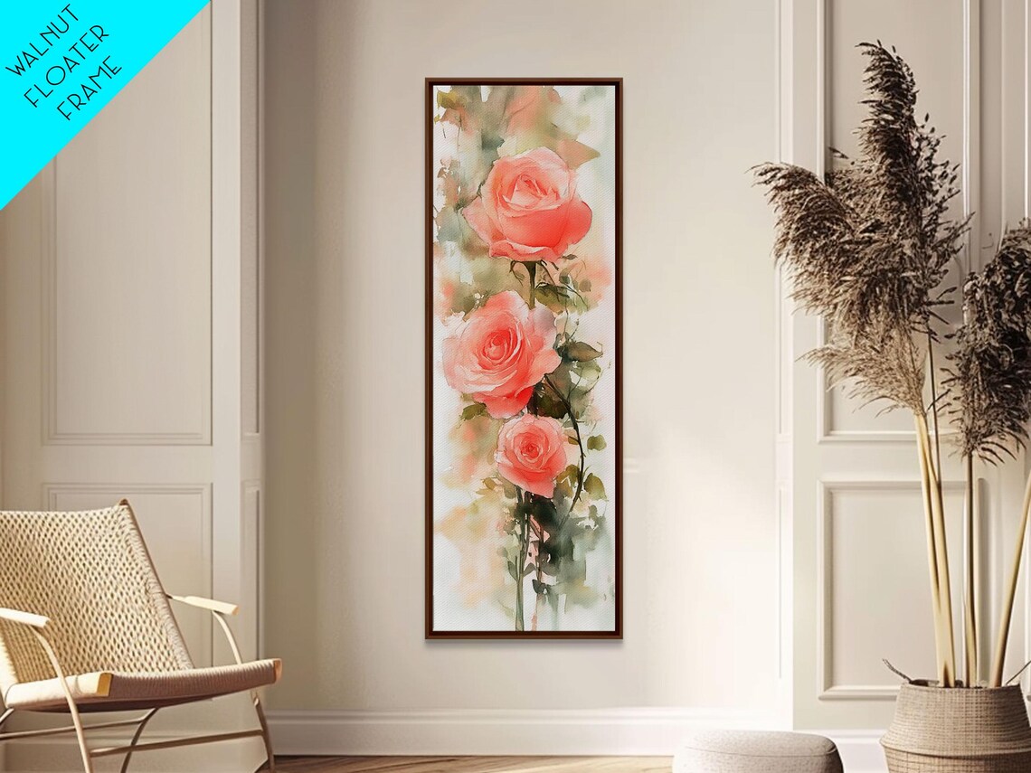 Coral Pink Roses Watercolor Botanical Blossom Soft Floral Wall Poster