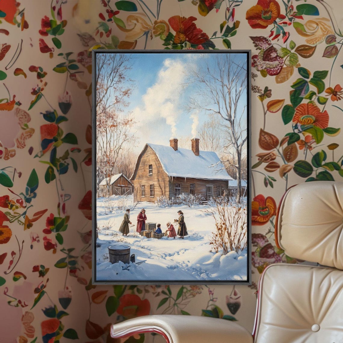 Snowy Country Homestead Framed Print Winter Family Gathering Outside Farmhouse Rustic Christmas Wall Art Holiday Seasonal Decor - Image 4