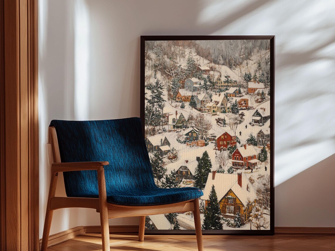 Christmas Village Covered In Snow Framed Print Christmas Oil Painting Print Vintage Christmas Art Print Christmas Wall Art