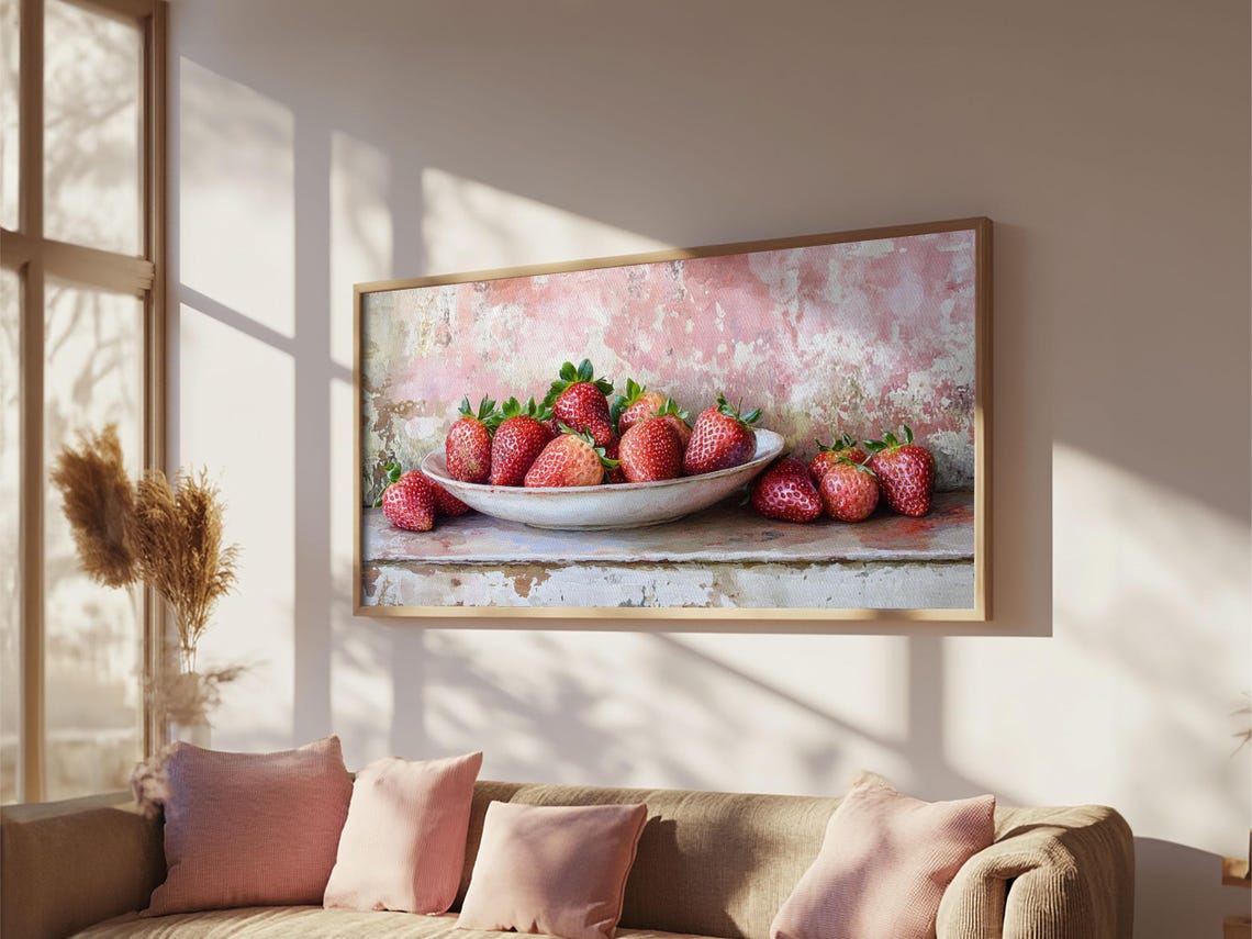 Fresh Strawberries In Bowl Rustic Pink Watercolor Kitchen Art Poster - Image 6