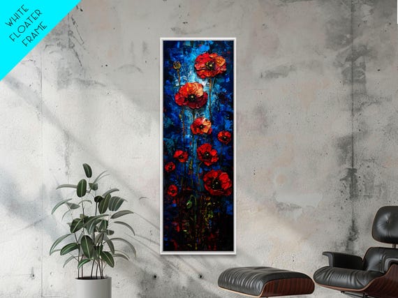 Red Poppies On Textured Blue As Tall Skinny Art Framed Print Perfect For Bold Wall Decor In Modern Spaces