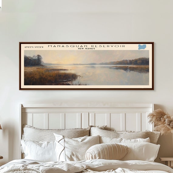 Manasquan Reservoir New Jersey Framed Print Lake House Decor Panoramic Wall Art Travel Poster Landscape Painting Modern Art