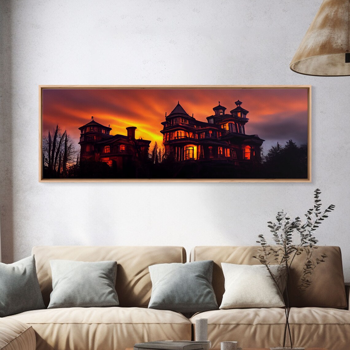 Spooky Victorian Haunted House At Sunset With Glowing Windows Wall Art - Image 4