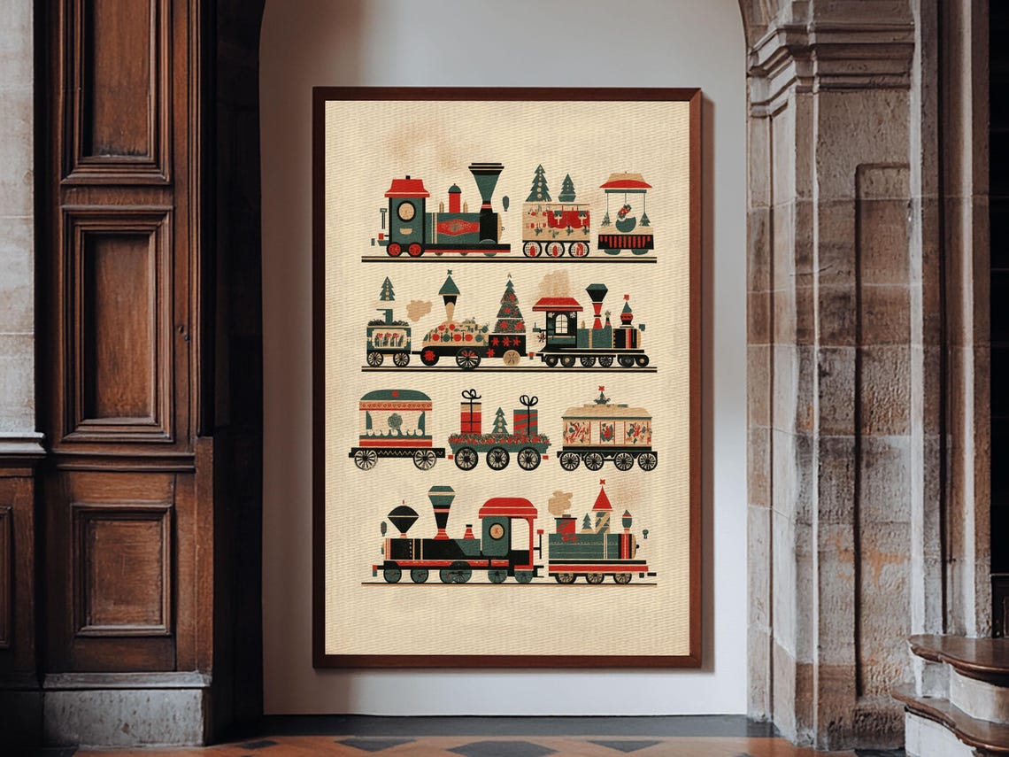 Cute Christmas Trains Print Framed Minimalist Christmas Art Boho Christmas Art Rustic Christmas Art - Image 6