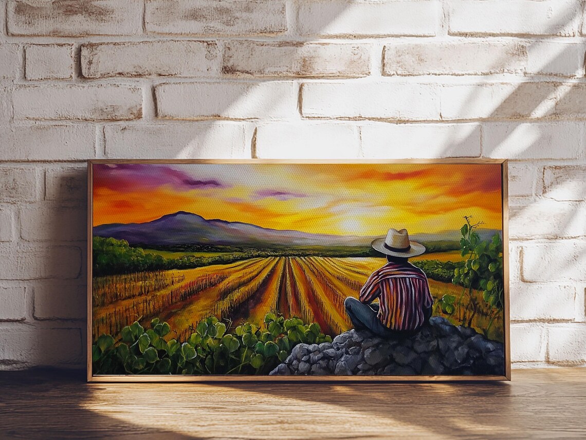 Mexican Rancher at Sunset Oil Painting Cowboy Hat Over Farm Fields Art - Image 6