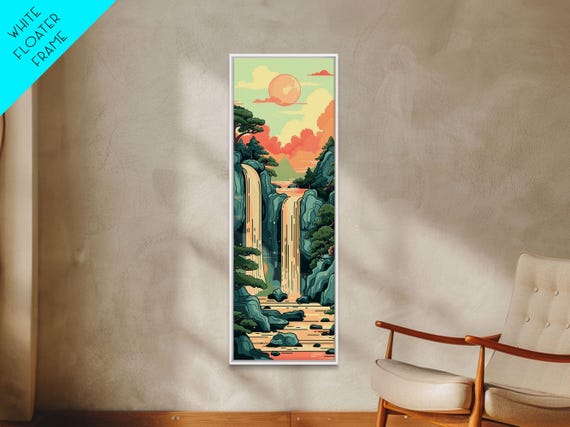 Waterfall With Scenic Landscape Skinny Art Tall Art Framed Print Japanese Style Art Ukiyo E Art