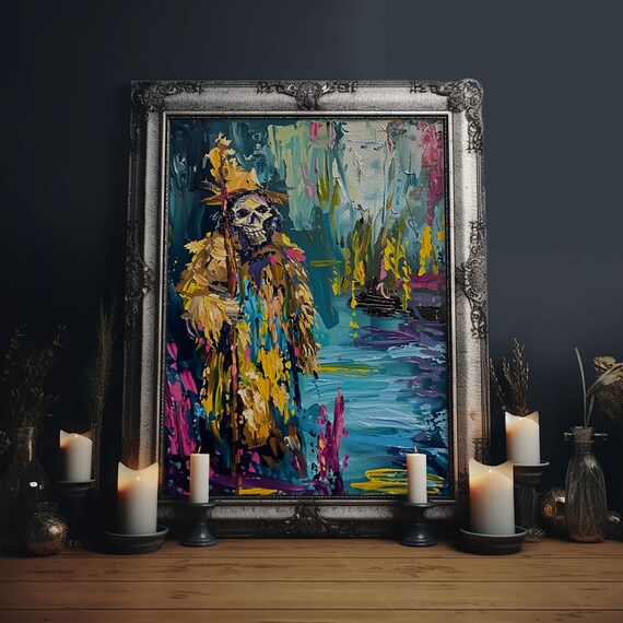 Colorful Abstract Skeleton Wizard Staff Impasto Halloween Art Poster