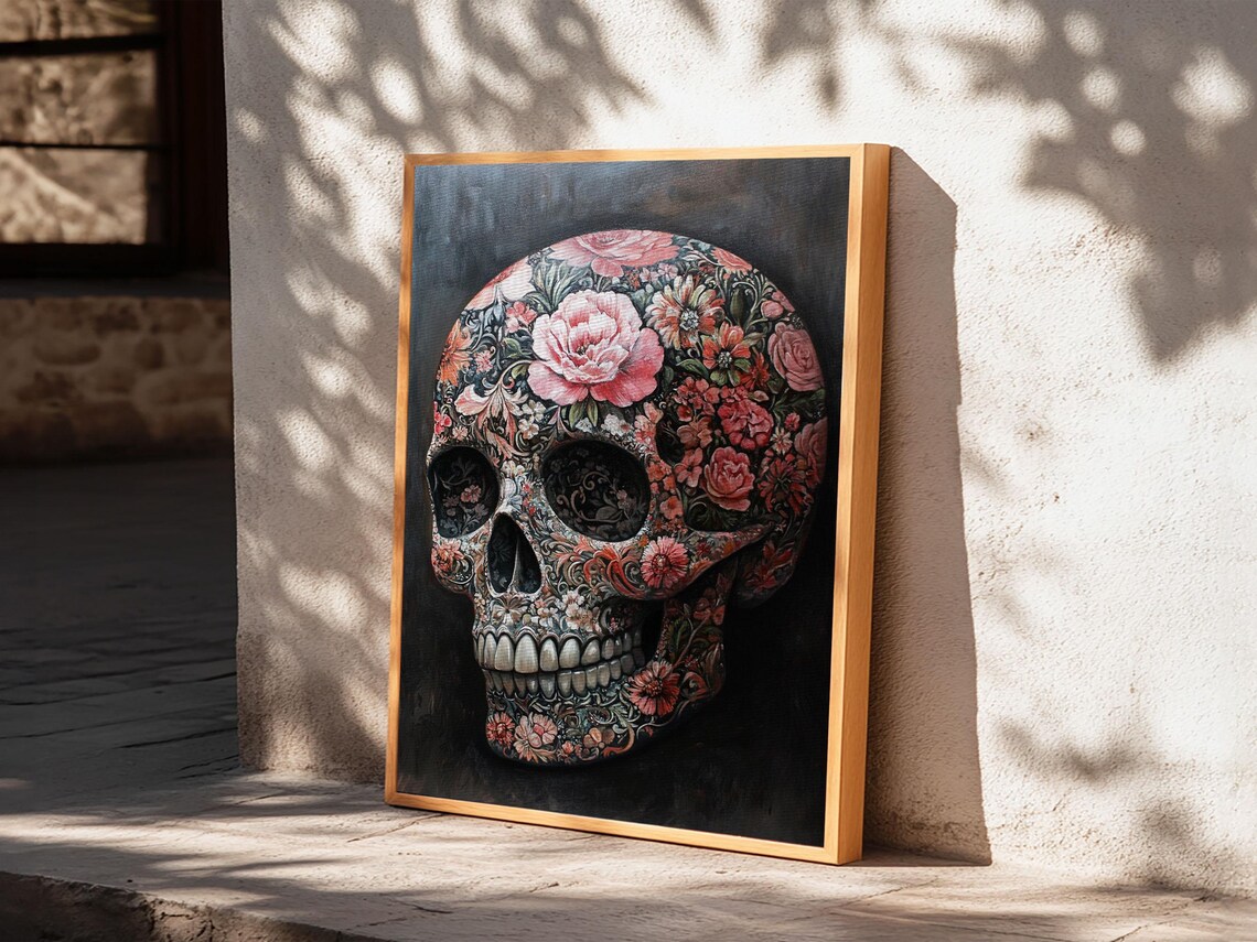 Floral Skull Pink Roses Gothic Boho Dark Botanical Skull Wall Art Poster - Image 5