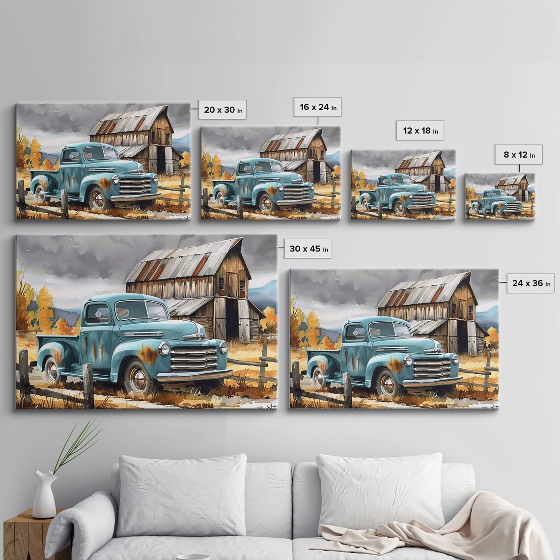 Vintage Turquoise Pickup Truck Old Wooden Barn Autumn Farm Art Poster - Image 2