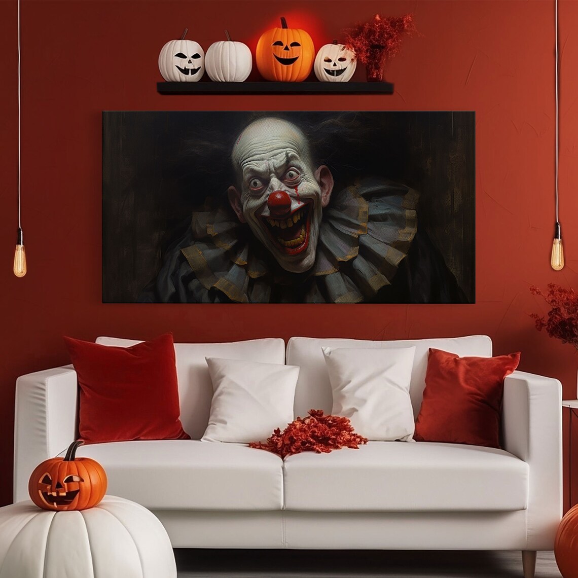 Creepy Clown Evil Grin Ruffled Collar Dark Portrait Scary Halloween Art Poster