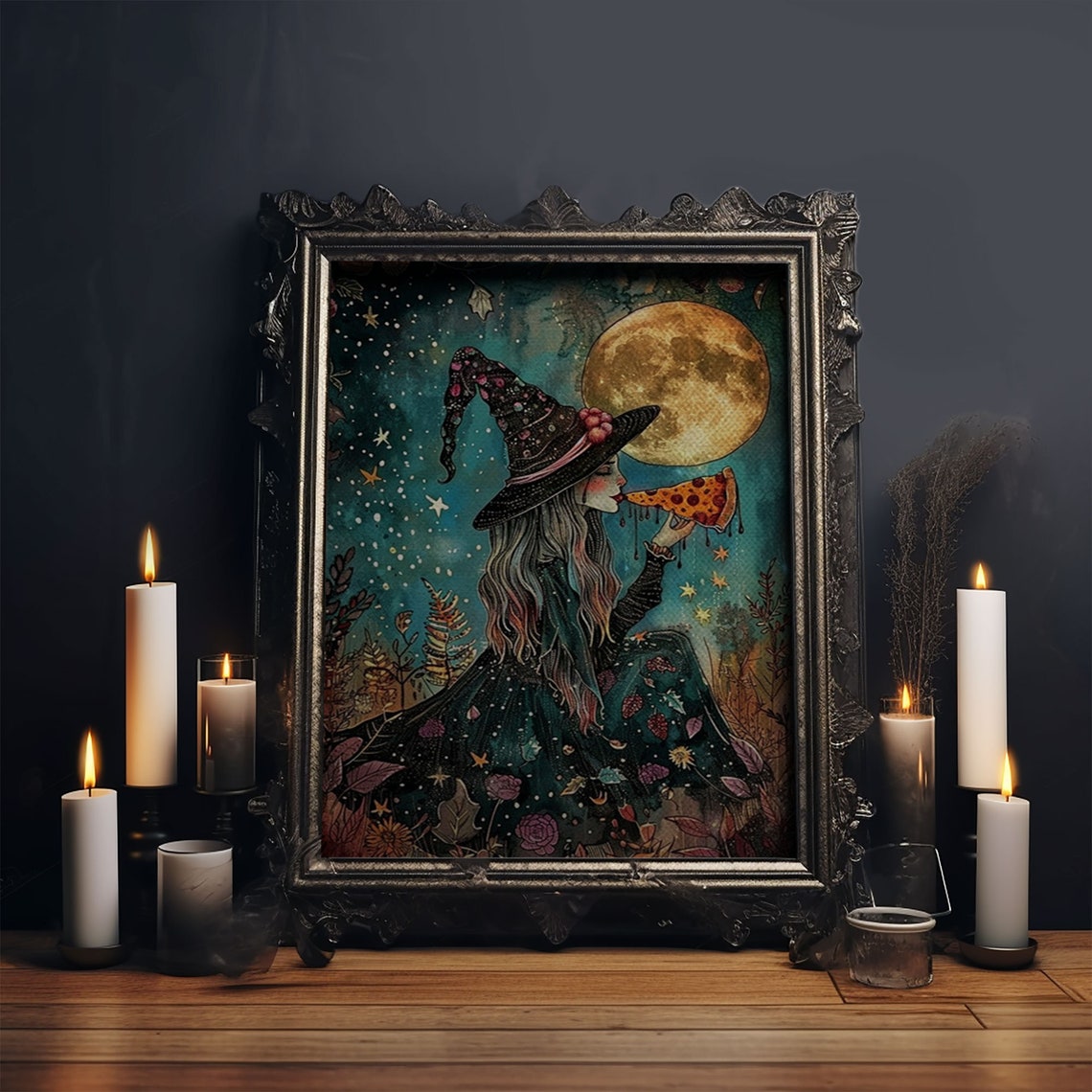 Whimsical Witch Eating Pizza Slice Under Full Moon Funny Art Poster - Image 6