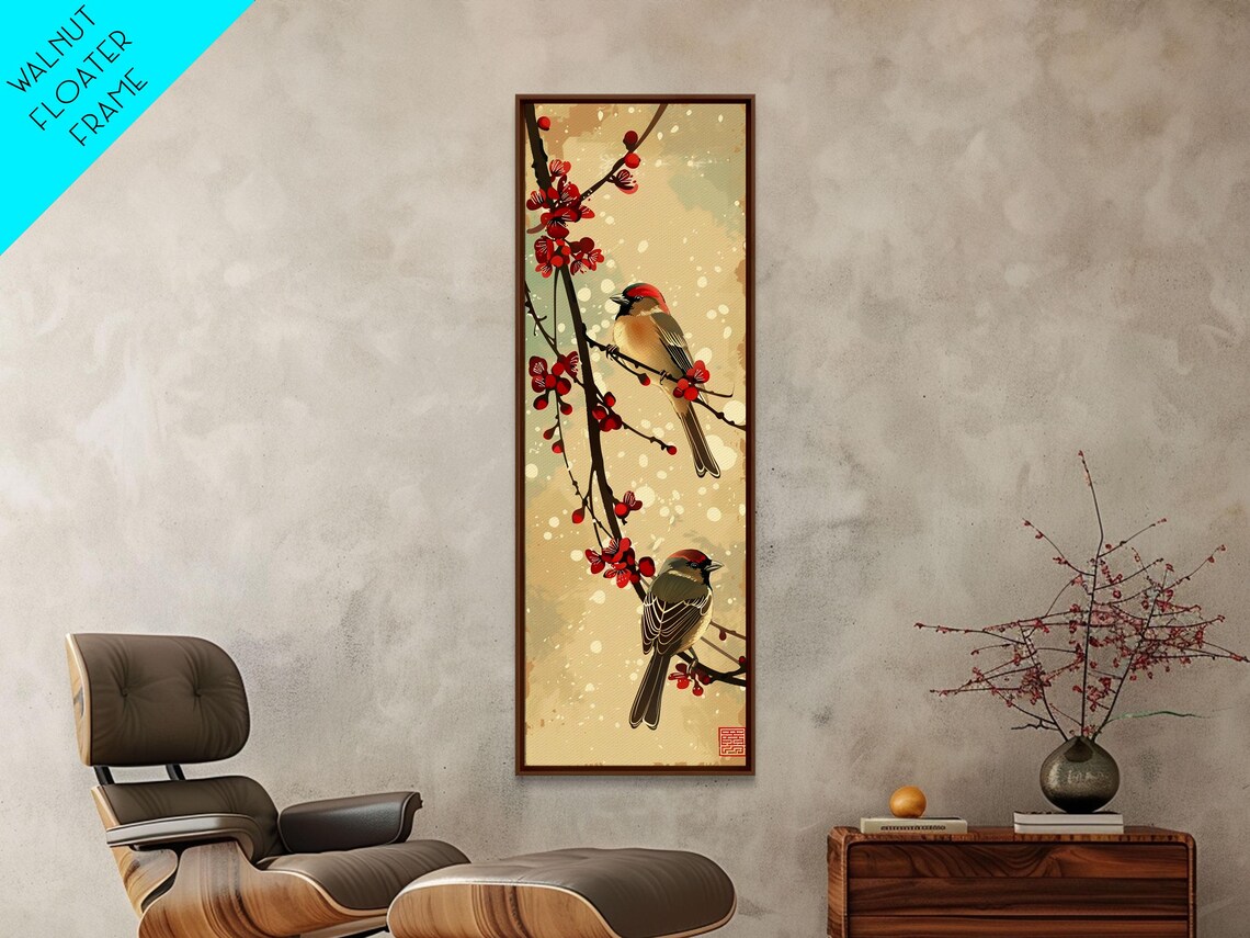 Pair Of Songbirds Cherry Blossoms Winter Snowfall Tall Art Print - Image 3