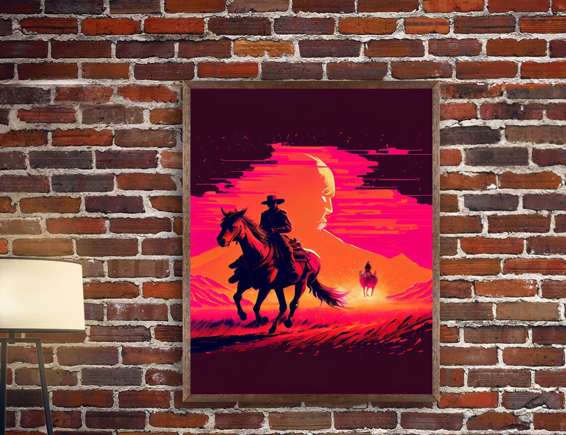 Vaporwave Cowboy Horseback Sunset Neon Western Retro Rodeo Art Poster
