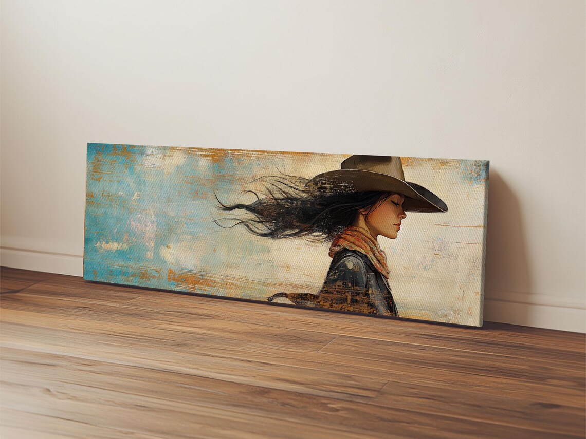 Cowgirl Portrait Flowing Hair Cowboy Hat Turquoise Sky Wall Poster - Image 2