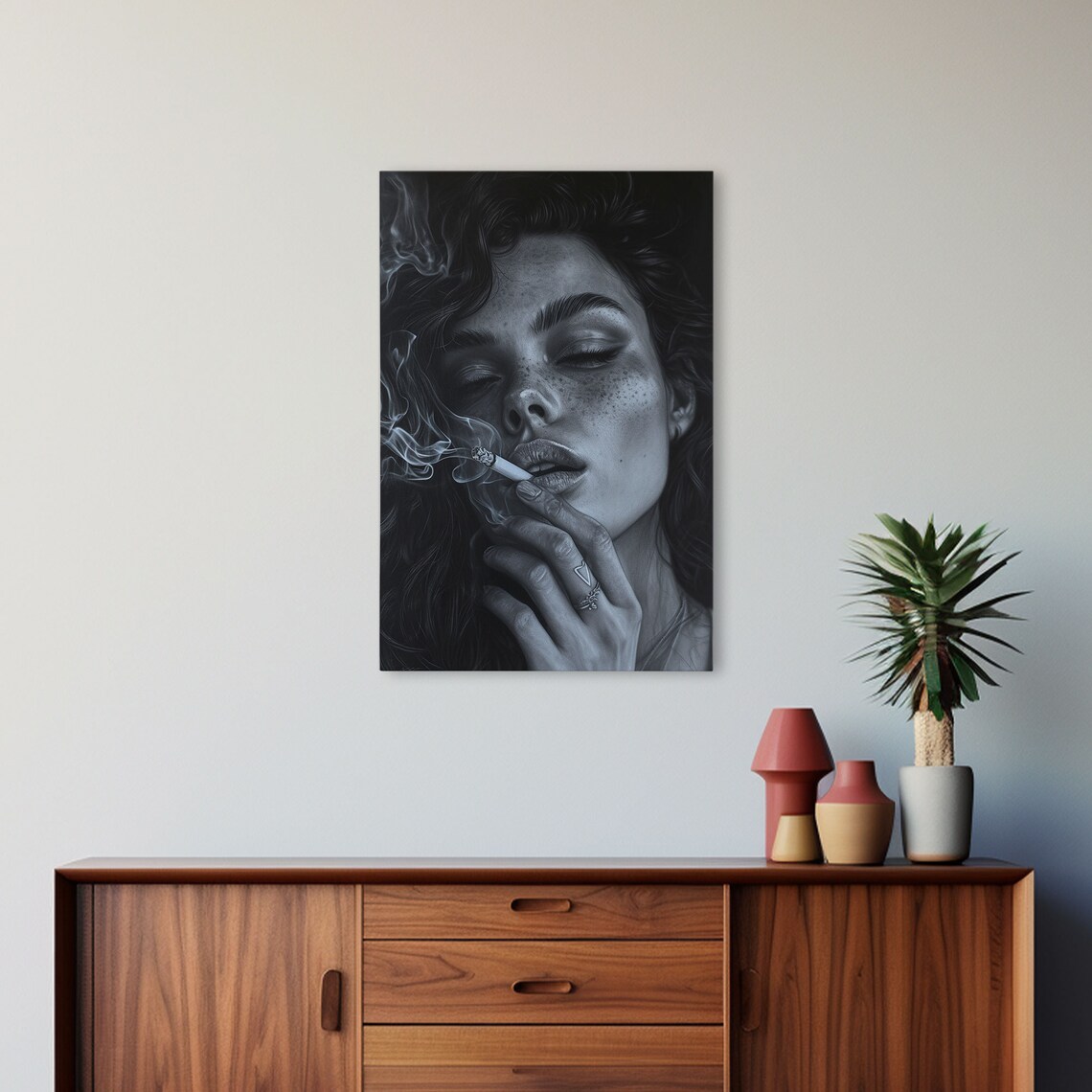 Noir Black and White Smoking Woman Charcoal Sketch Moody Portrait Print - Image 5