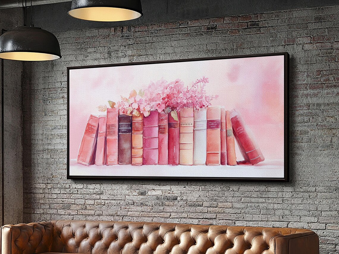 Pink Book Stack With Blossoms Wide Horizontal Library Watercolor Art Poster - Image 4