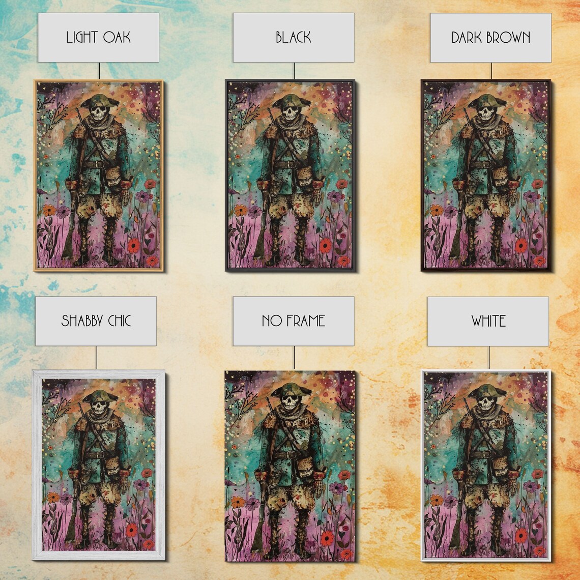 Skeleton Soldier Colorful Flower Field Spooky Halloween Art Poster - Image 2