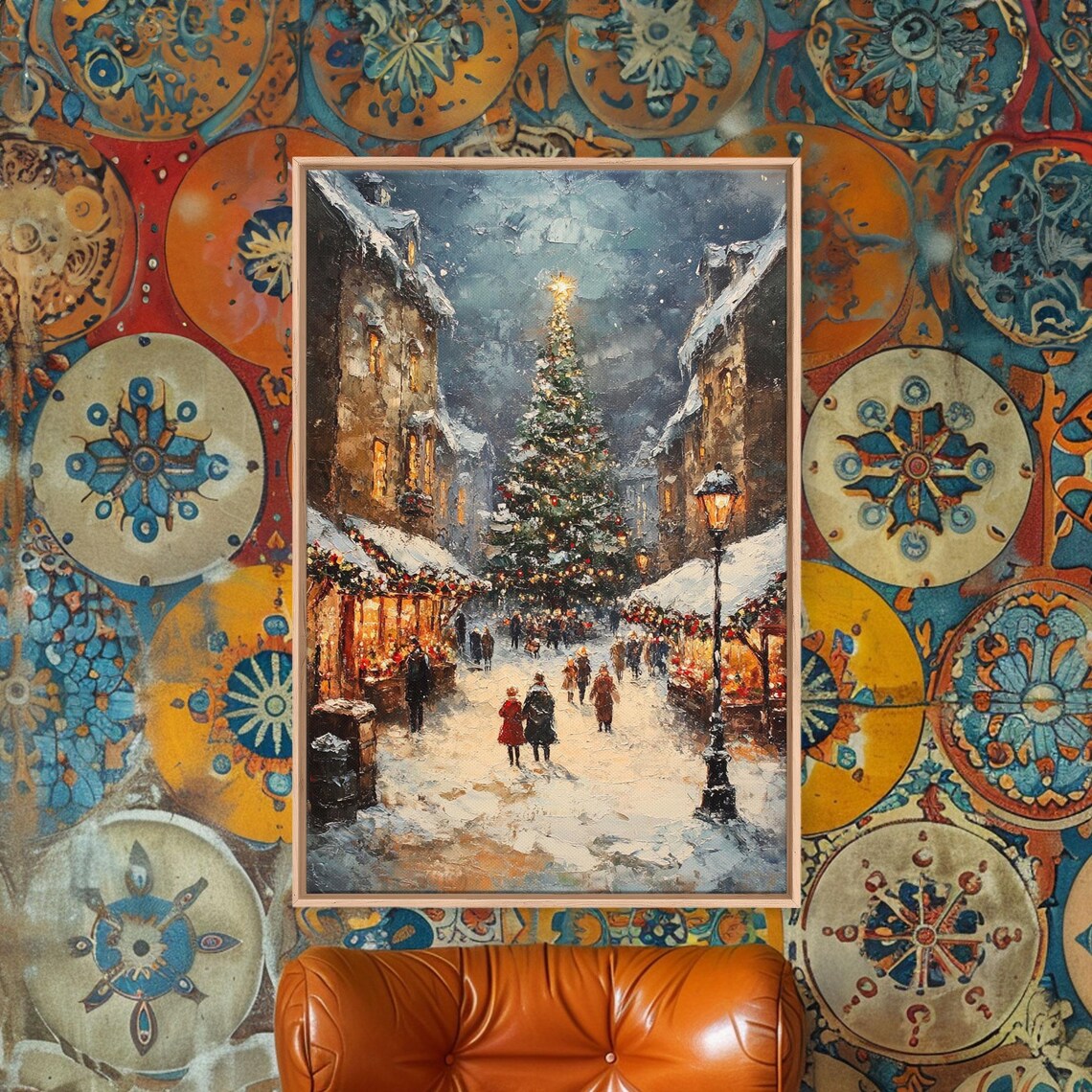 Vintage Christmas Market Scene, Holiday Village Art Print - Image 3