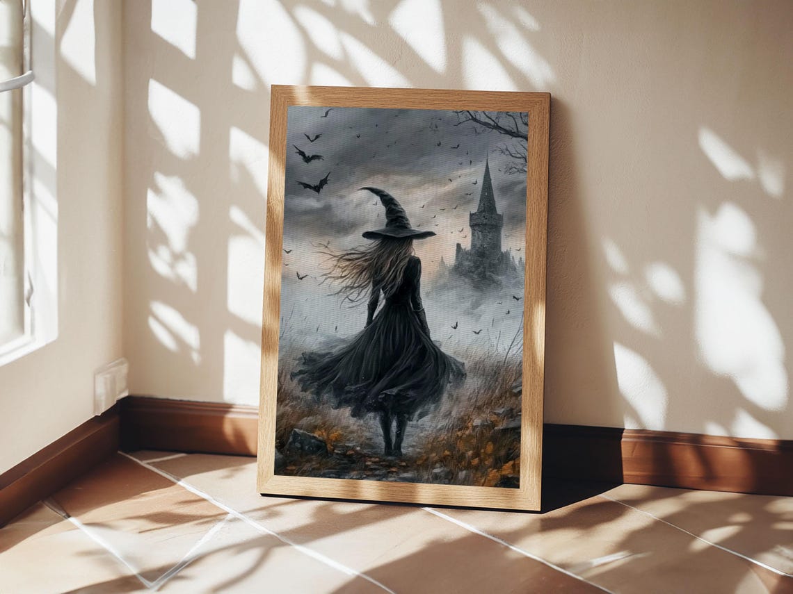 Gothic Witch Walking To Misty Castle Bats Dark Academia Art Print - Image 4