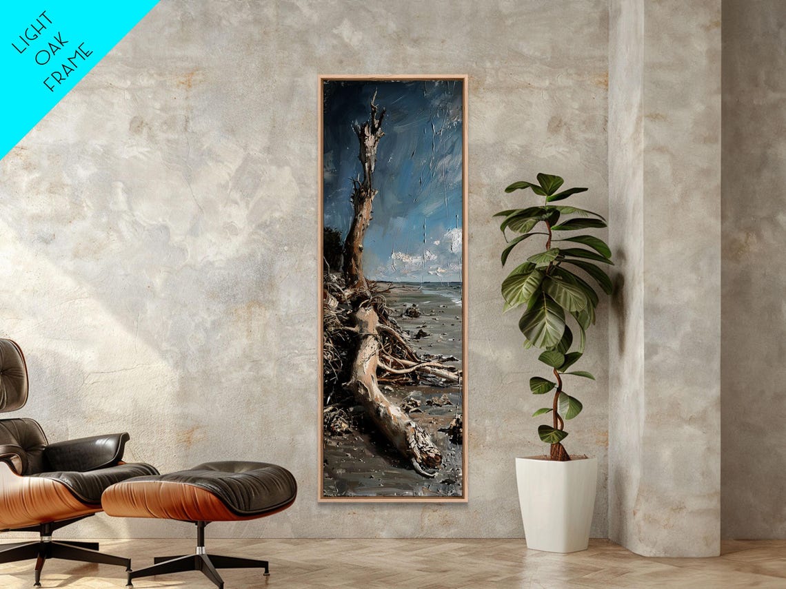 Driftwood Tree Trunk Sandy Beach Calm Ocean Coastal Scene Poster