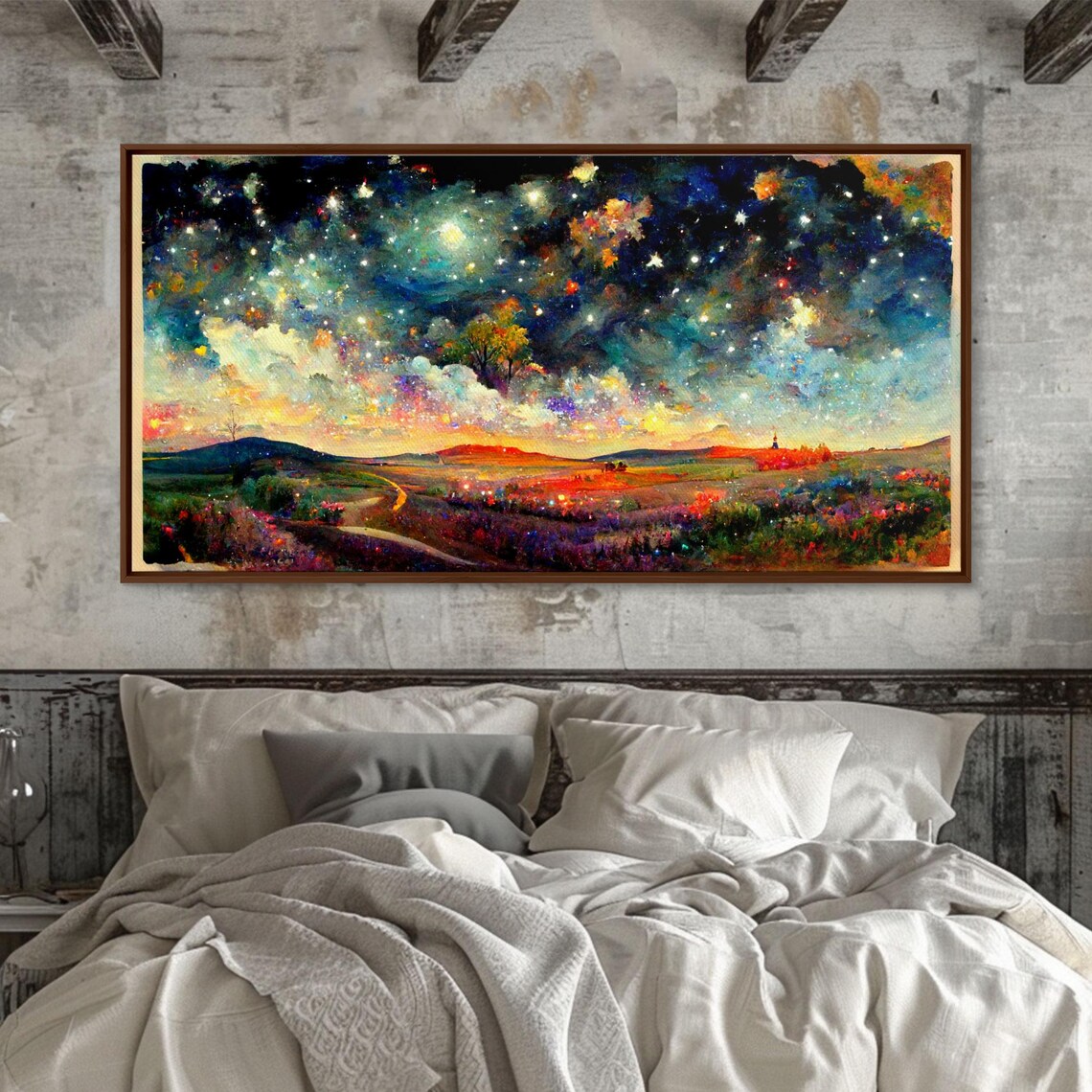 Vibrant Starry Night Sky Landscape Hills Dreamy Colorful Painting Wall Art - Image 3