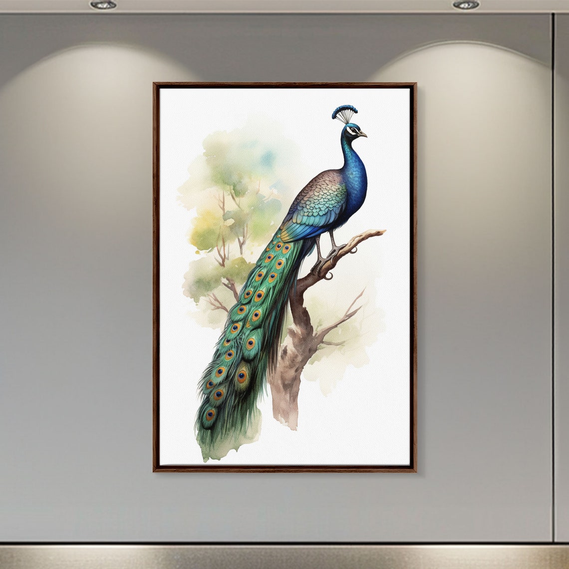 Peacock Perched On Branch Watercolor Elegant Bird Wall Art Poster - Image 5