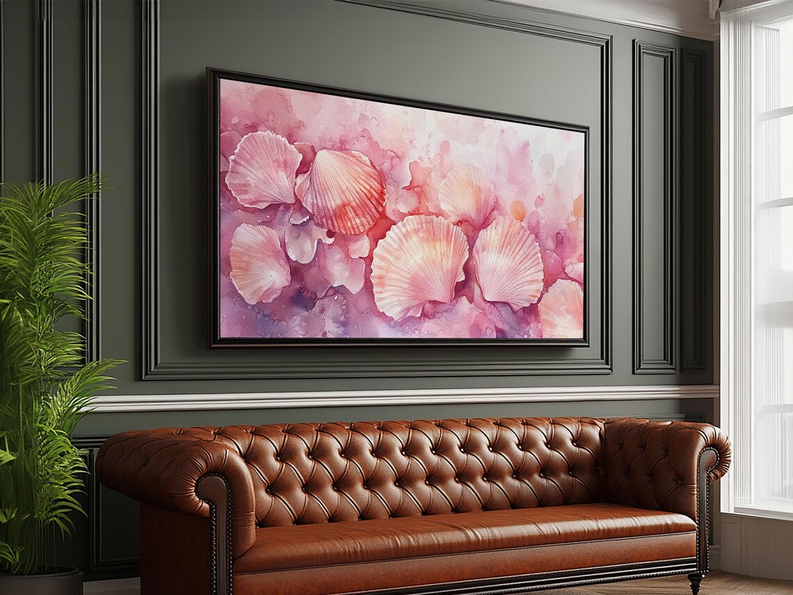 Pink Scallop Shells Wide Horizontal Coastal Watercolor Seashell Art Poster - Image 4