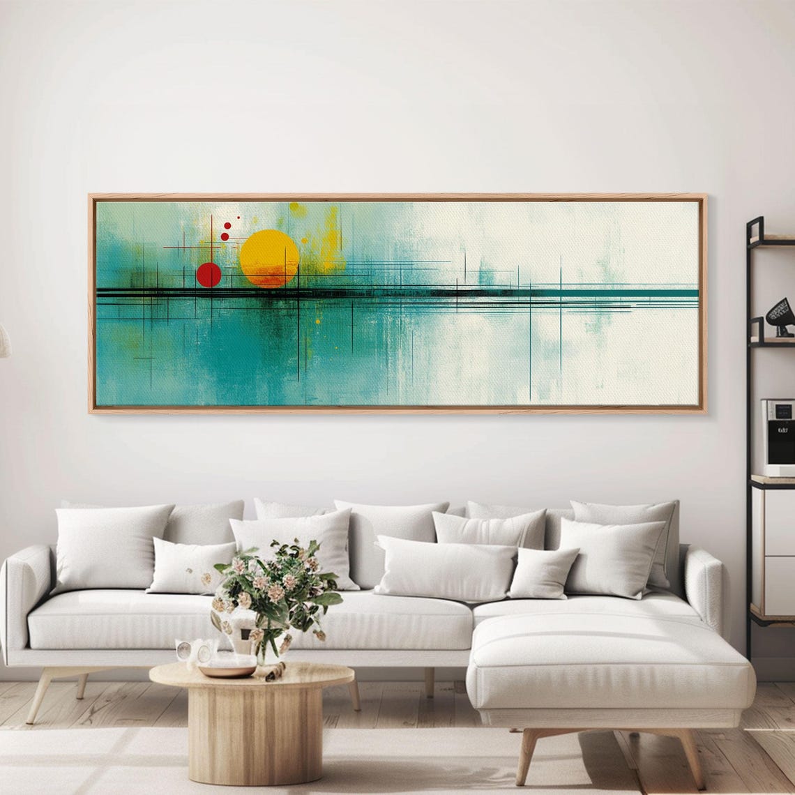 Abstract Turquoise Sunset Horizon With Golden Sun Modern Art Poster