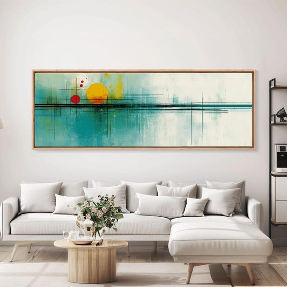 Abstract Sunset Painting Print Panoramic Wall Art Mcm Mid Century Modern Wall Art Turquoise And Orange Sunset Painting Cubism Sunset Art