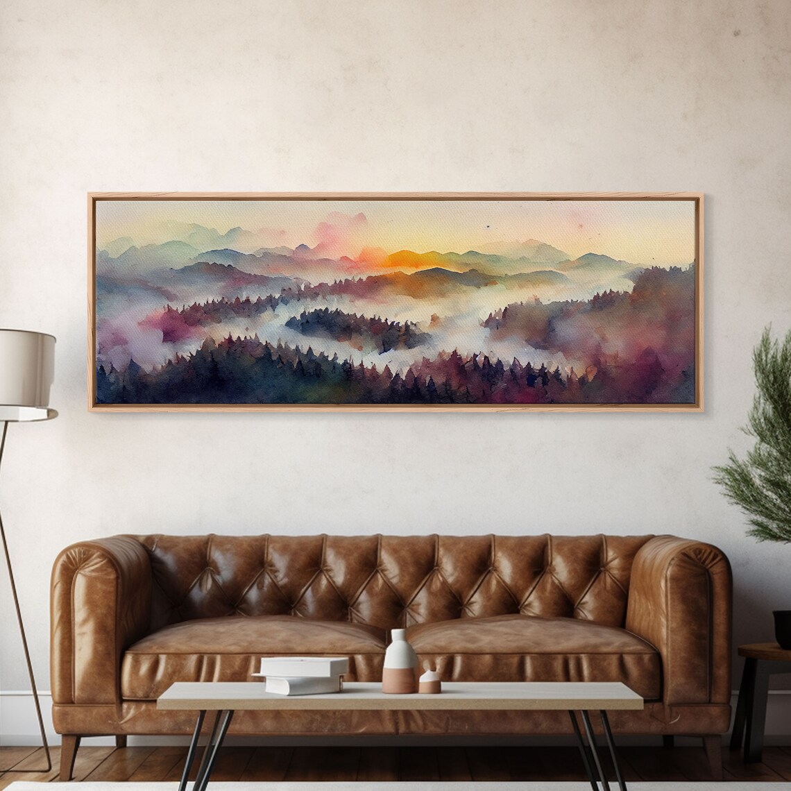 Watercolor Sunset Landscape, Panoramic Green Art Print - Image 5