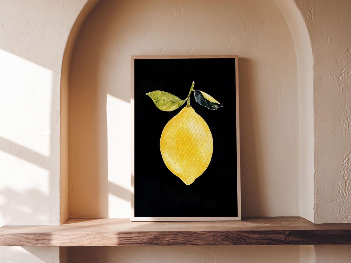 Single Yellow Lemon On Black Botanical Minimalist Fruit Print - Image 4