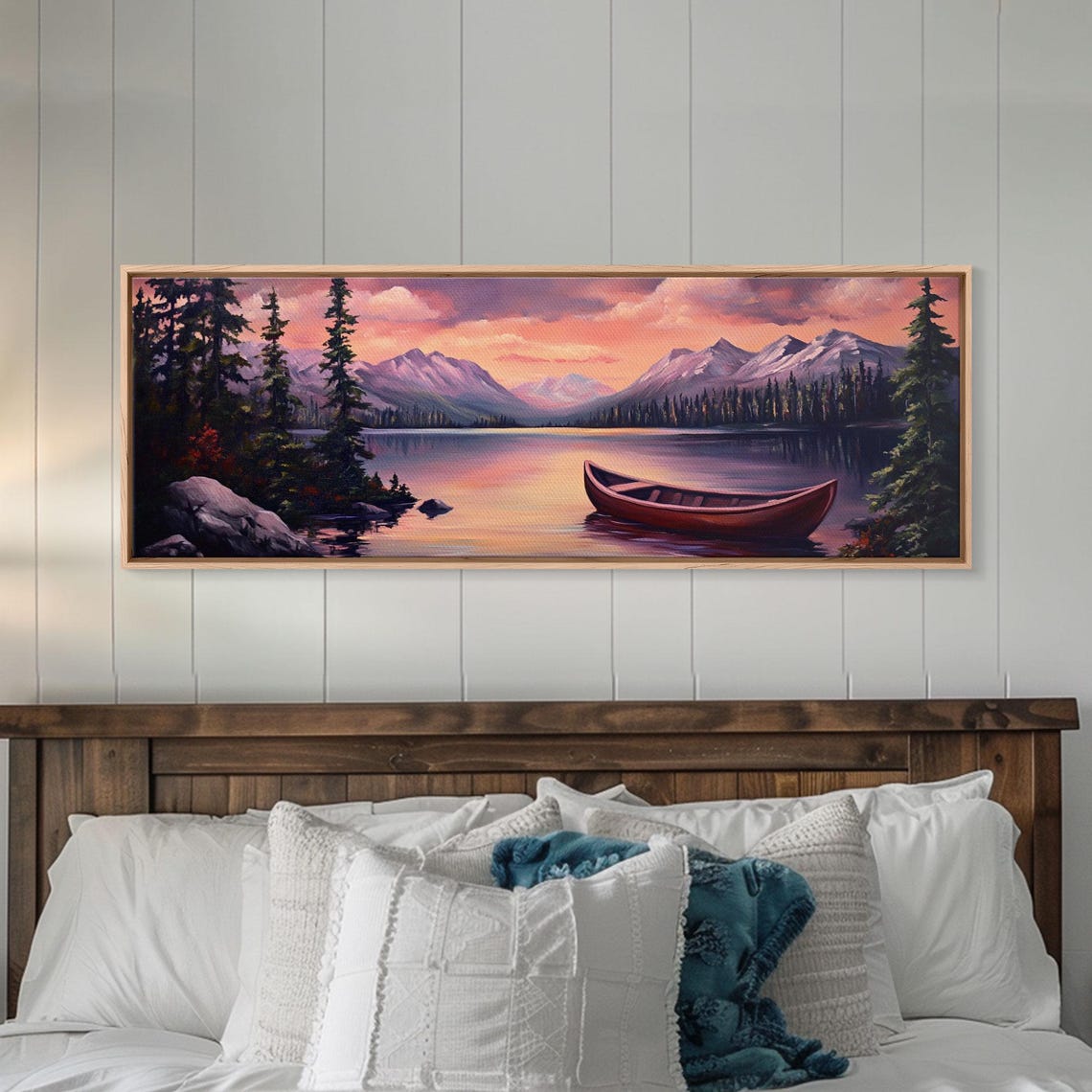 Pink Sunset Mountain Lake Red Canoe Pine Shore Landscape Poster - Image 2