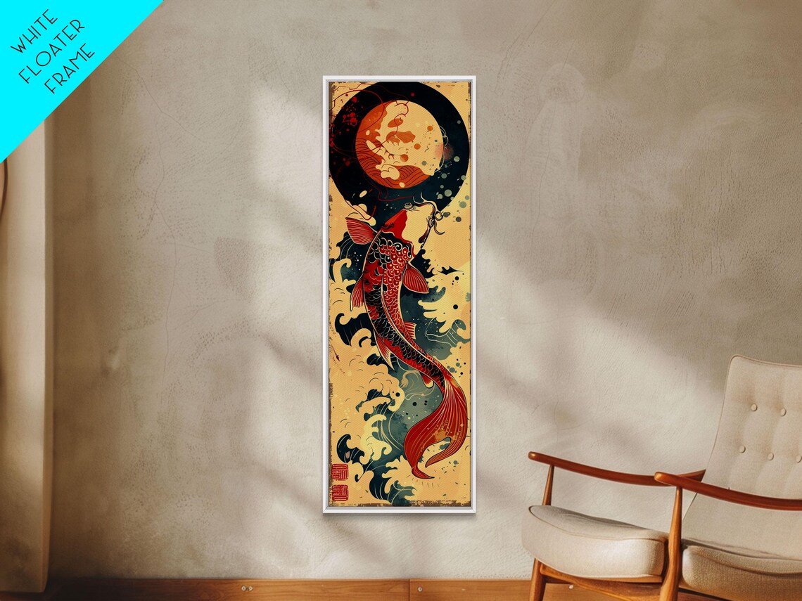 Vibrant Red Koi Fish Swimming Toward Moon Japanese Art Print - Image 6