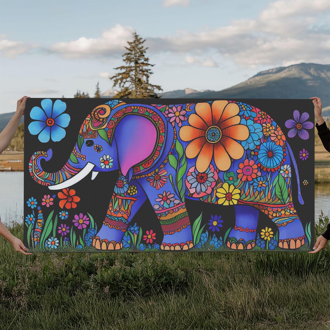 Colorful Indian Style Elephant Floral Psychedelic Decorated Wall Art