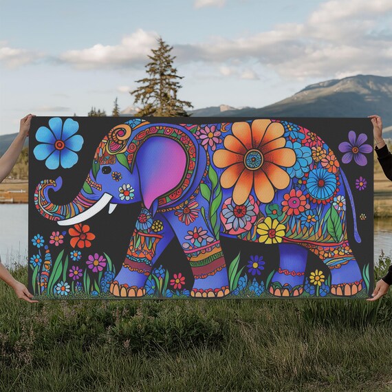Colorful Indian Style Elephant Floral Psychedelic Decorated Wall Art
