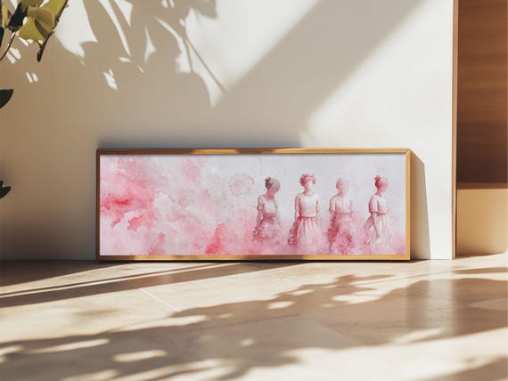 Four Women Print In Pink Abstract Art Style Feminine Whimsical Aesthetic Minimalist Living Room Or Guest Room Horizontal Art