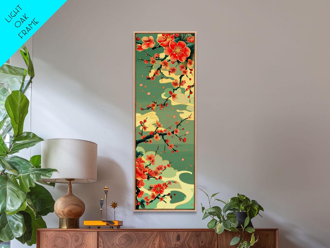 Red Plum Blossoms Turquoise Sky Japanese Ukiyo-E Vertical Print - Image 6