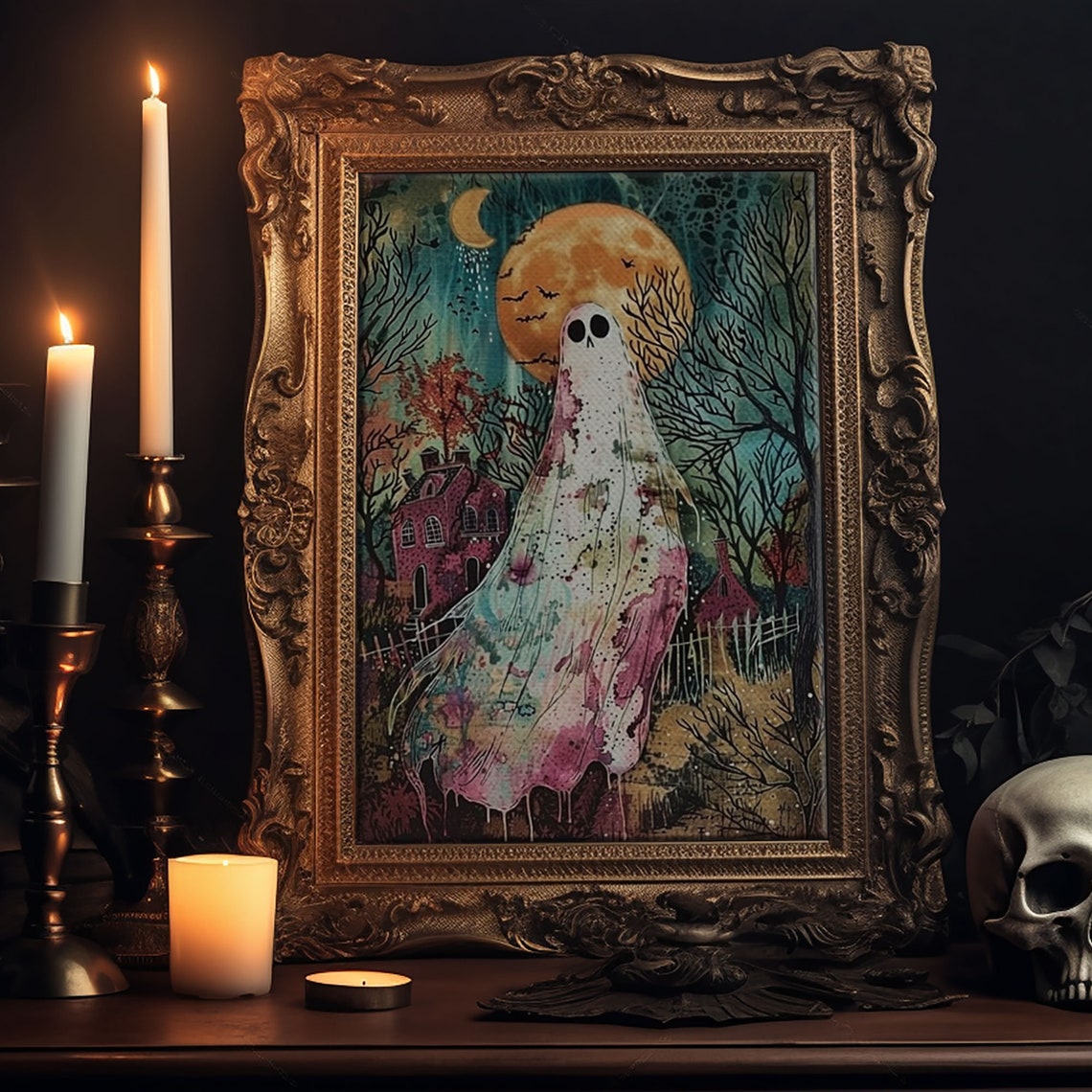 Ghost Under Full Moon Haunted Forest Houses Halloween Art Poster - Image 6