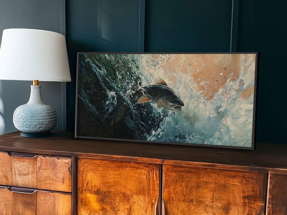 Leaping Trout Splash River Water Oil Painting Fisherman Wall Poster - Image 6