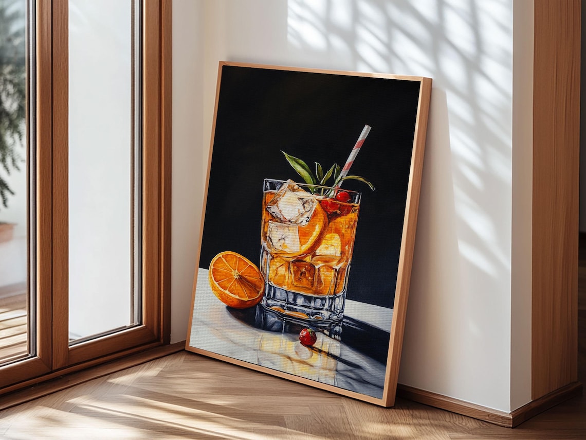 Whiskey Cocktail Glass With Orange Watercolor Bar Art Painting Poster - Image 3