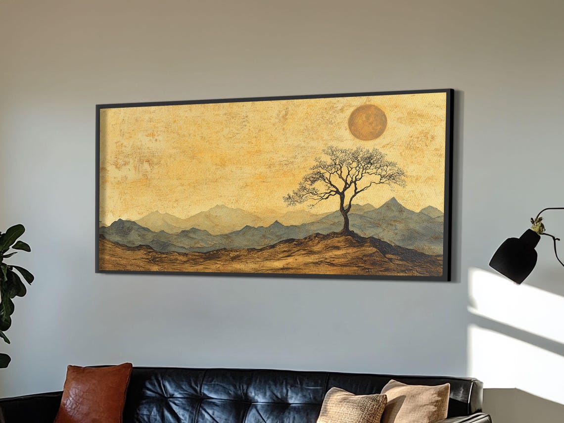 Lone Tree Golden Mountains Wabi Sabi Earthy Landscape Art Poster